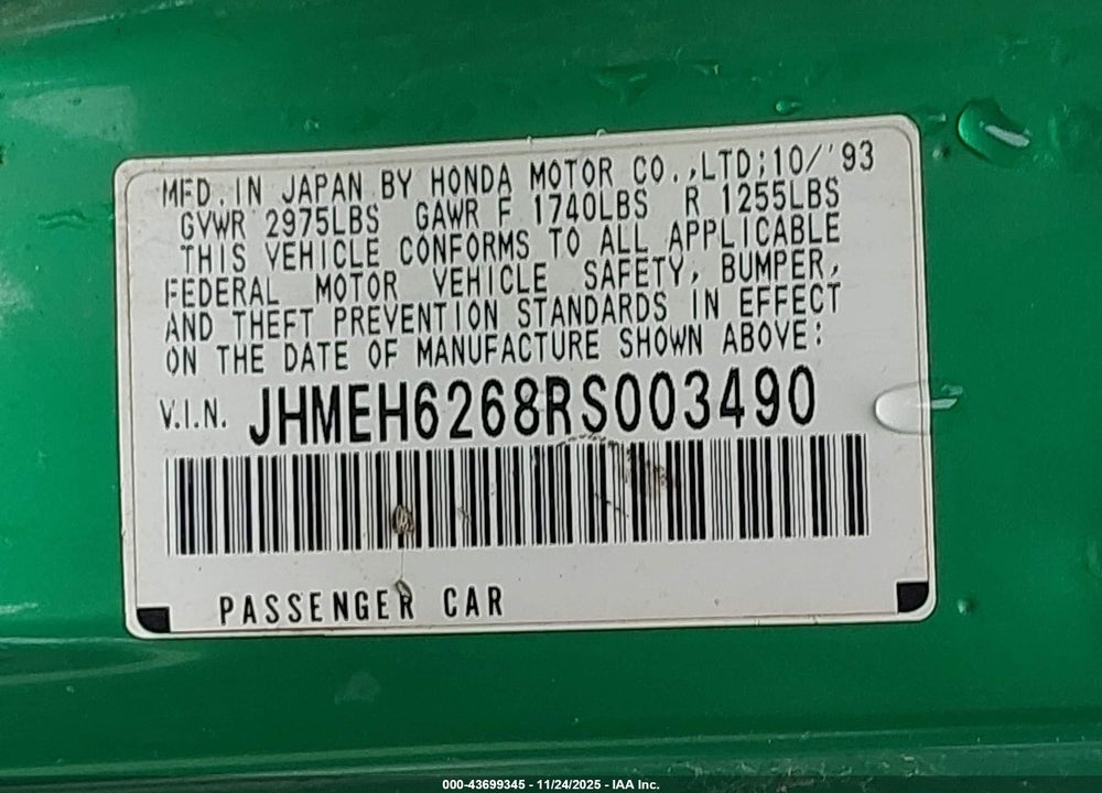 1994 HONDA CIVIC DEL SOL SI VIN: JHMEH6268RS003490
