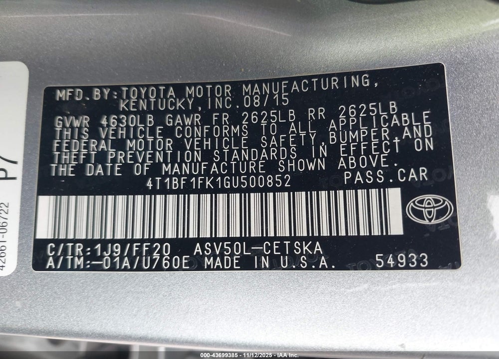 2016 TOYOTA CAMRY SE VIN: 4T1BF1FK1GU500852