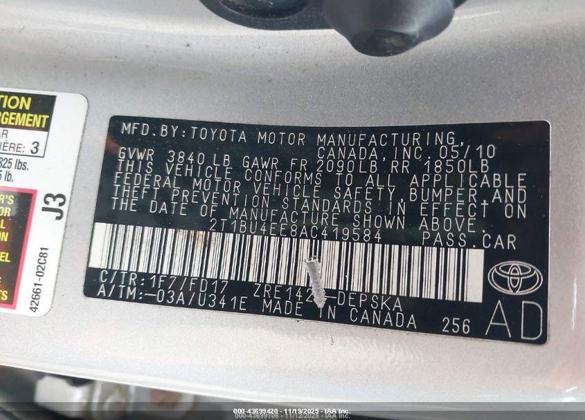 2010 TOYOTA COROLLA S VIN: 2T1BU4EE8AC419584