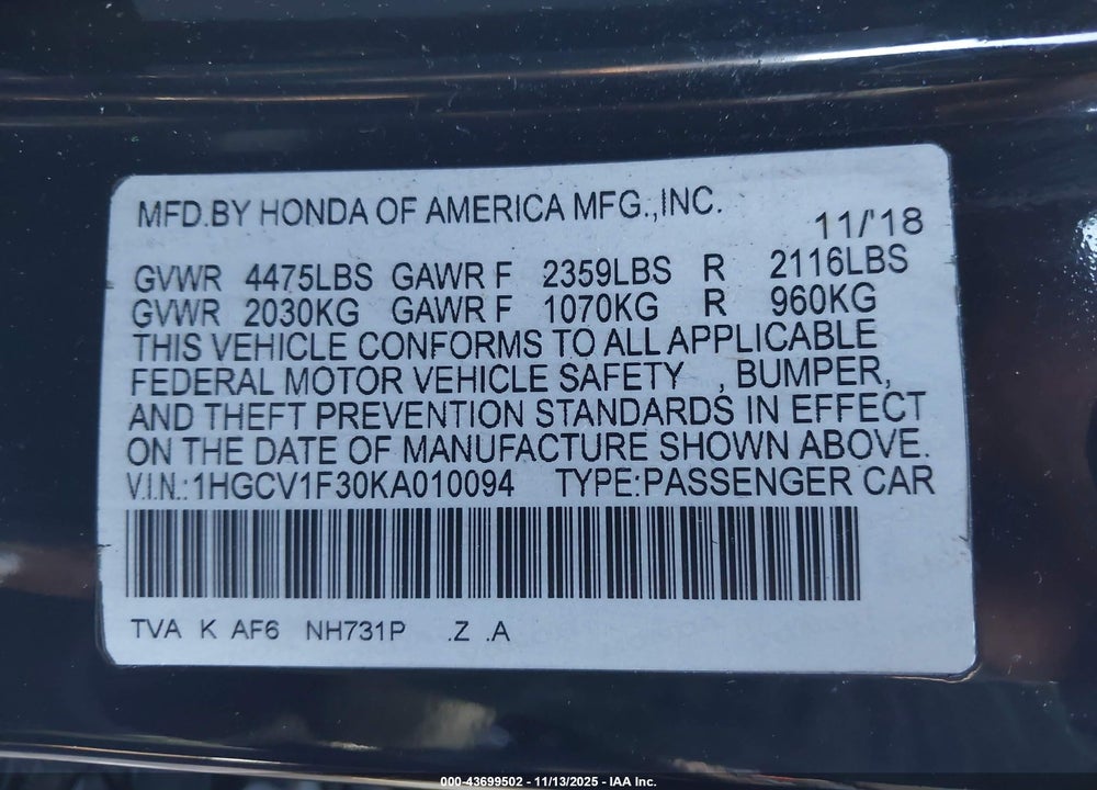 2019 HONDA ACCORD SPORT VIN: 1HGCV1F30KA010094