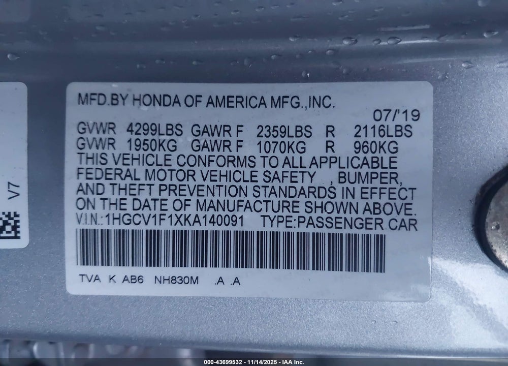 2019 HONDA ACCORD VIN: 1HGCV1F1XKA140091
