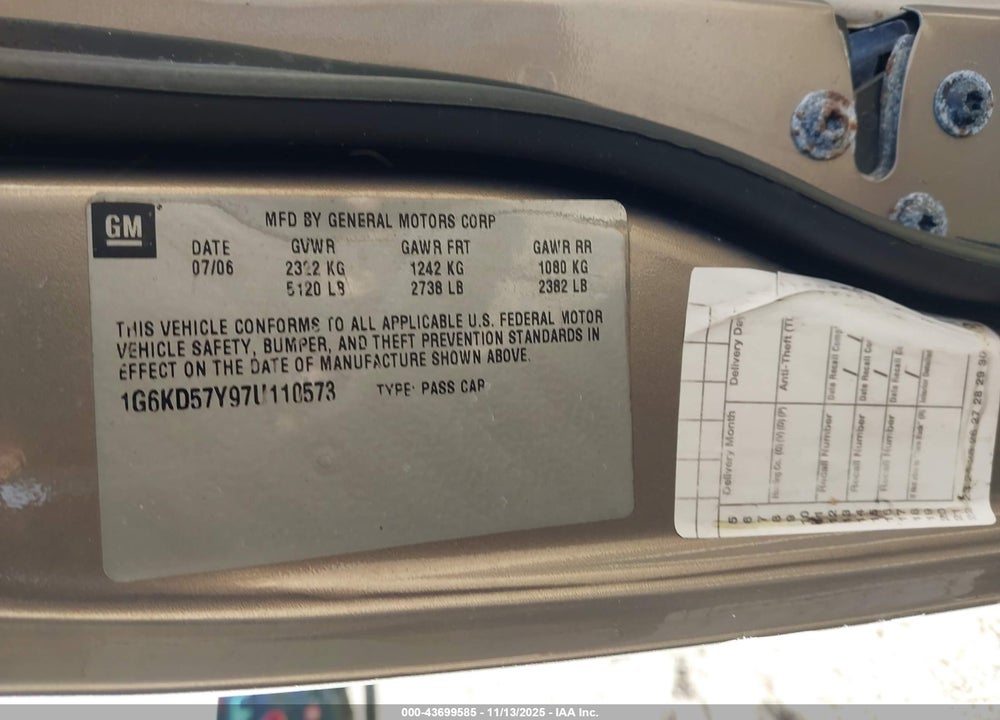 2007 CADILLAC DTS LUXURY II VIN: 1G6KD57Y97U110573