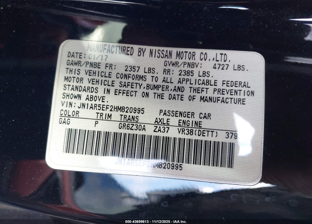 2017 NISSAN GT-R PREMIUM VIN: JN1AR5EF2HM820995