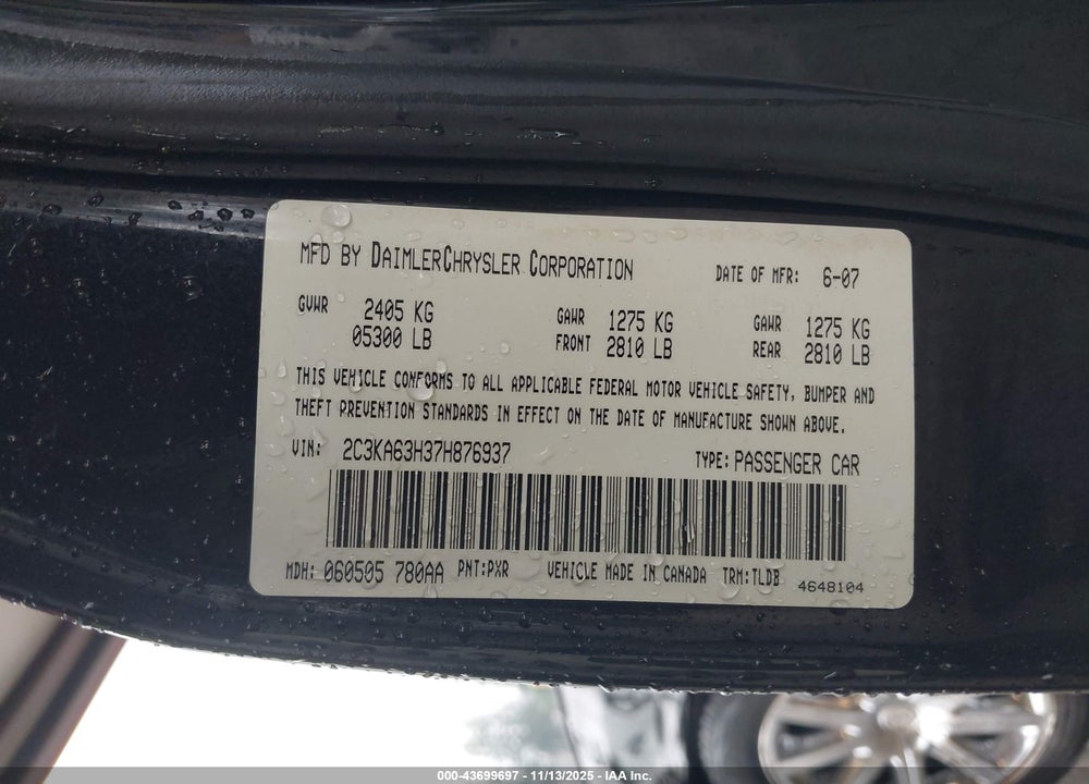 2007 CHRYSLER 300C VIN: 2C3KA63H37H876937