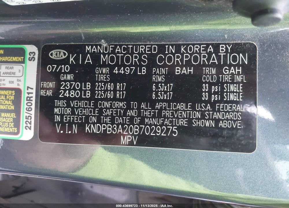 2011 KIA SPORTAGE LX VIN: KNDPB3A20B7029275
