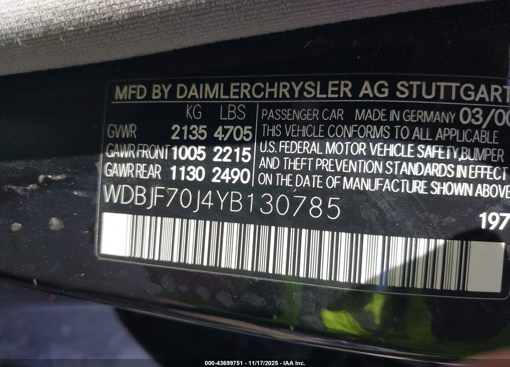 2000 MERCEDES-BENZ E 430 VIN: WDBJF70J4YB130785