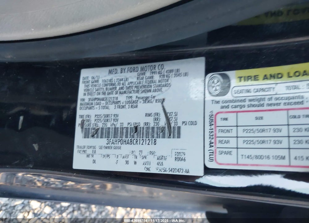 2012 FORD FUSION SE VIN: 3FAHP0HA8CR121218