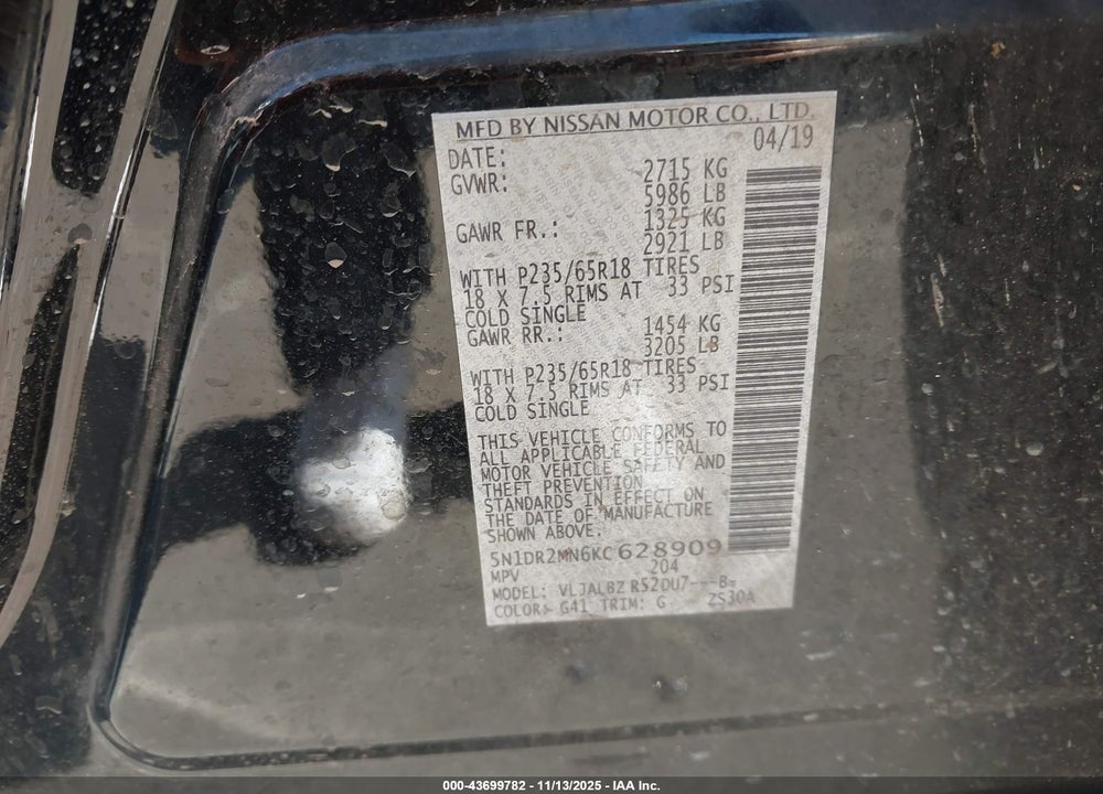 2019 NISSAN PATHFINDER S VIN: 5N1DR2MN6KC628909