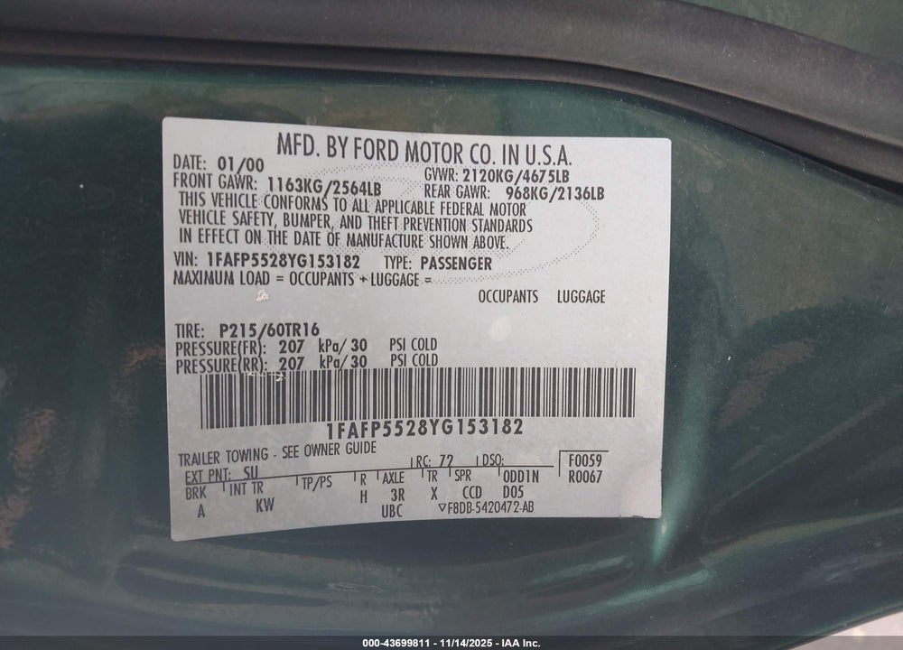 2000 FORD TAURUS SES VIN: 1FAFP5528YG153182