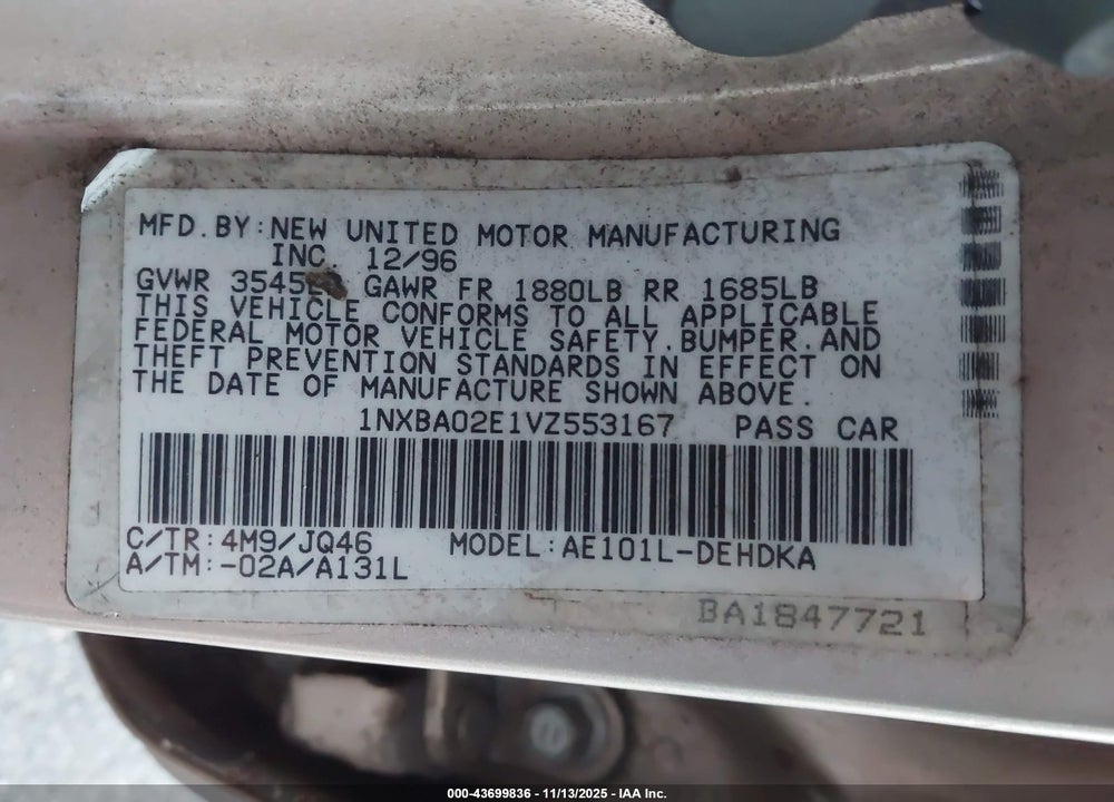 1997 TOYOTA COROLLA CE VIN: 1NXBA02E1VZ553167