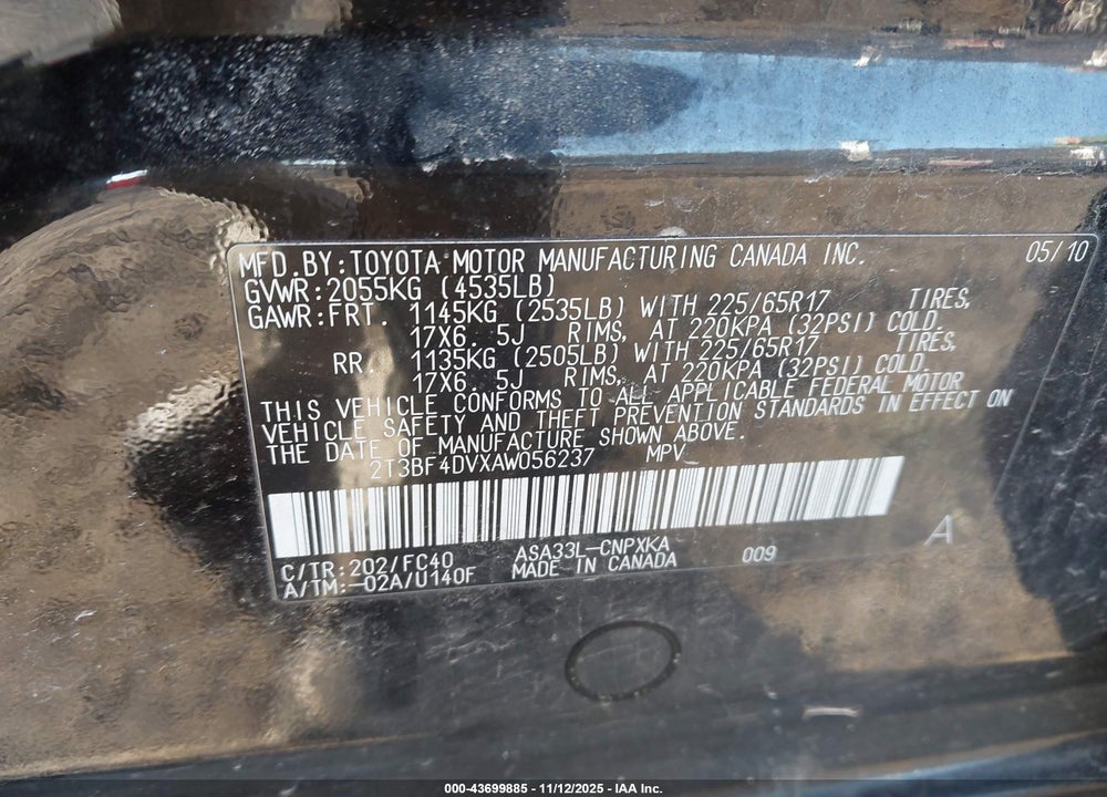 2010 TOYOTA RAV4 VIN: 2T3BF4DVXAW056237