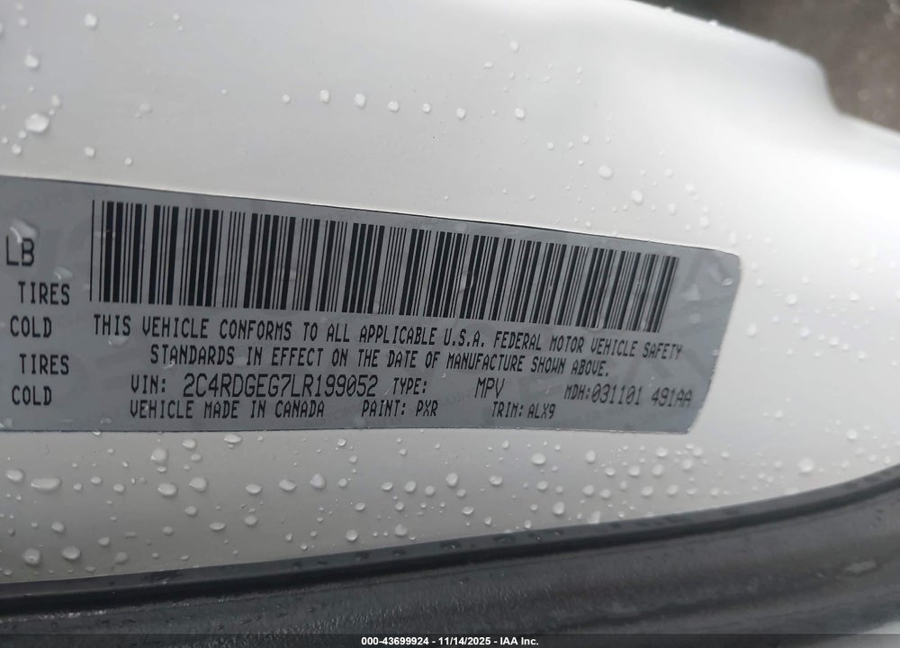 2020 DODGE GRAND CARAVAN GT VIN: 2C4RDGEG7LR199052