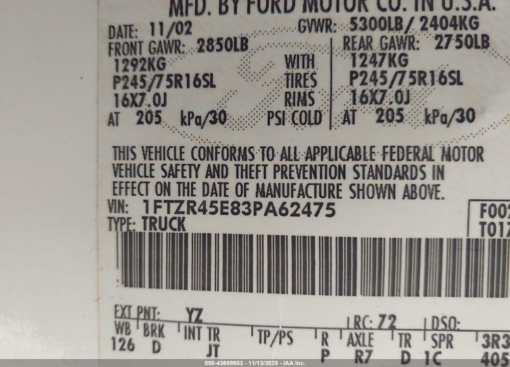 2003 FORD RANGER EDGE/XLT VIN: 1FTZR45E83PA62475