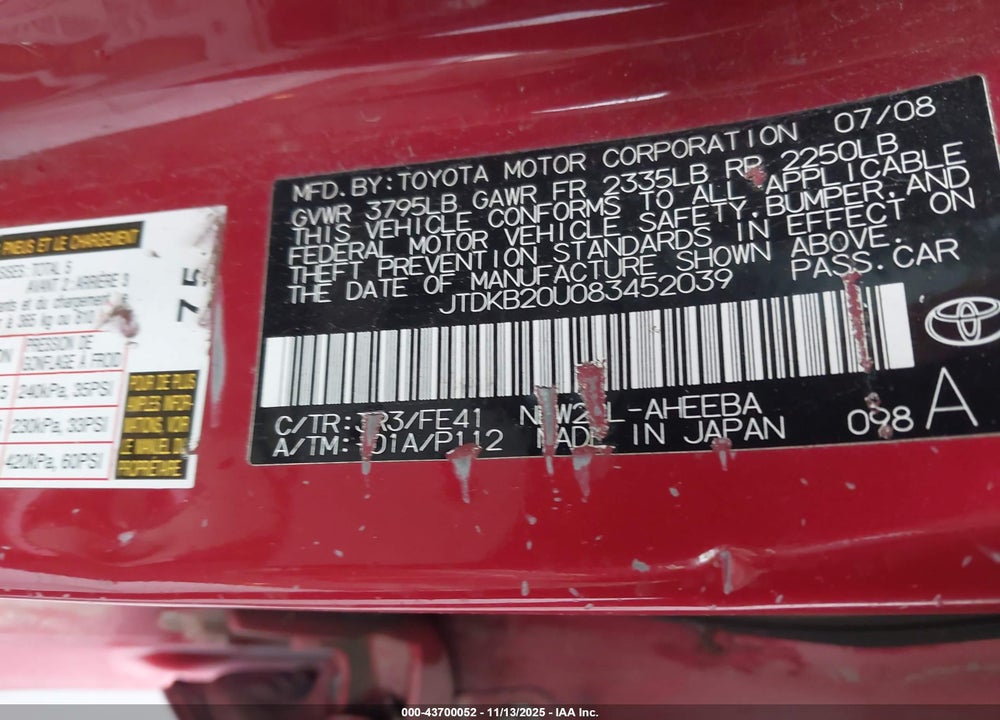2008 TOYOTA PRIUS VIN: JTDKB20U083452039