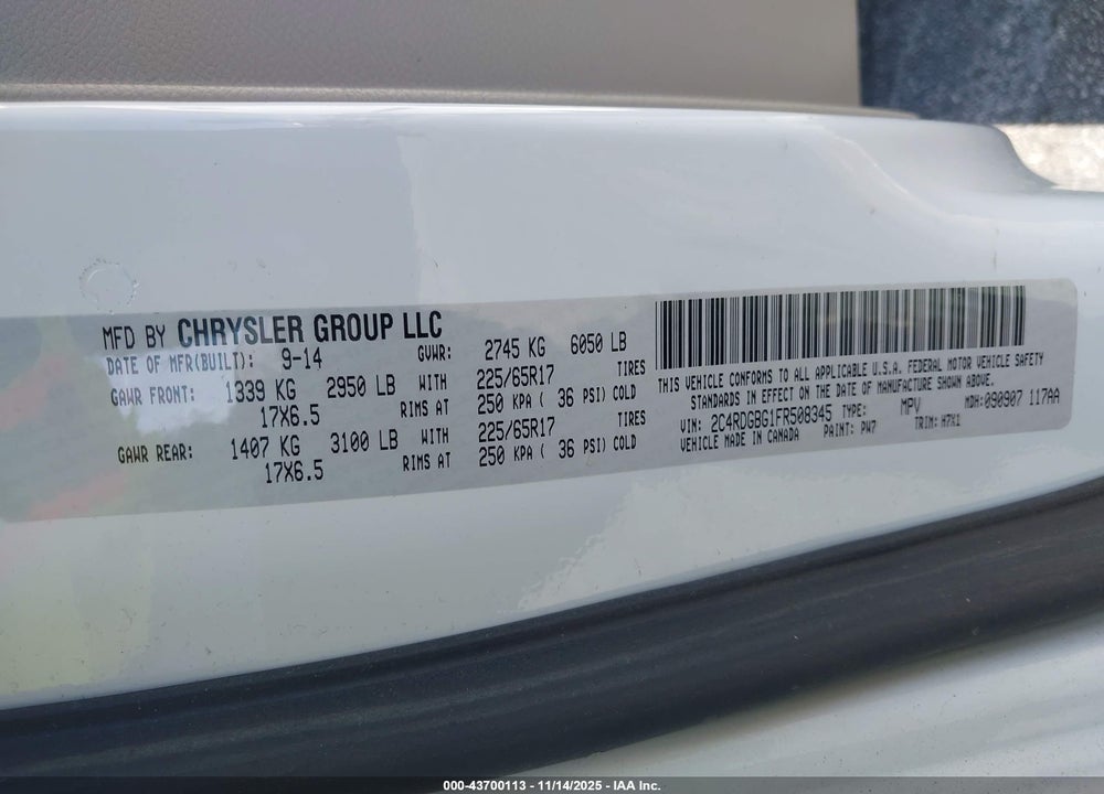 2015 DODGE GRAND CARAVAN AMERICAN VALUE PKG VIN: 2C4RDGBG1FR508345