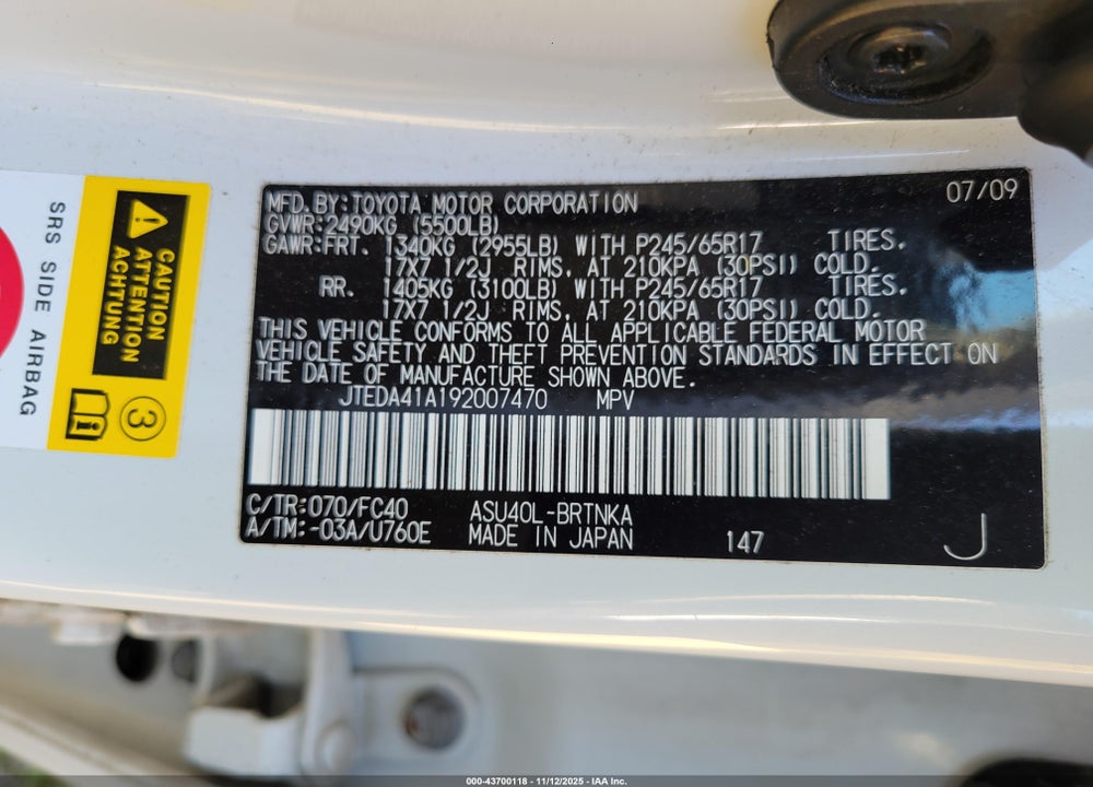2009 TOYOTA HIGHLANDER VIN: JTEDA41A192007470