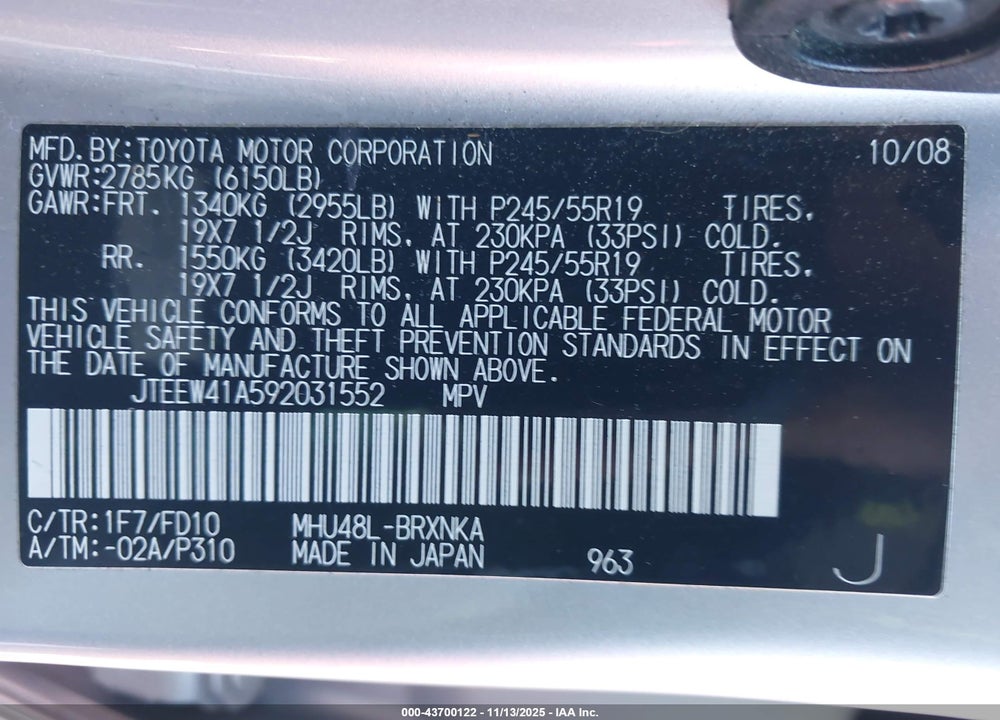 2009 TOYOTA HIGHLANDER HYBRID VIN: JTEEW41A592031552
