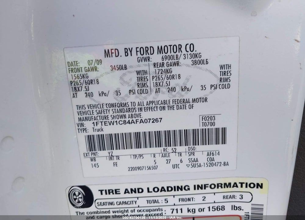 2010 FORD F-150 FX2 SPORT/XL/XLT VIN: 1FTEW1C84AFA07267