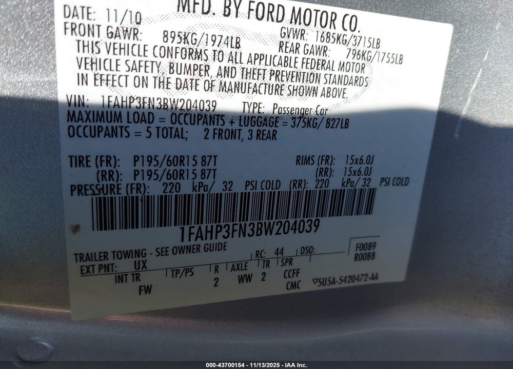 2011 FORD FOCUS SE VIN: 1FAHP3FN3BW204039