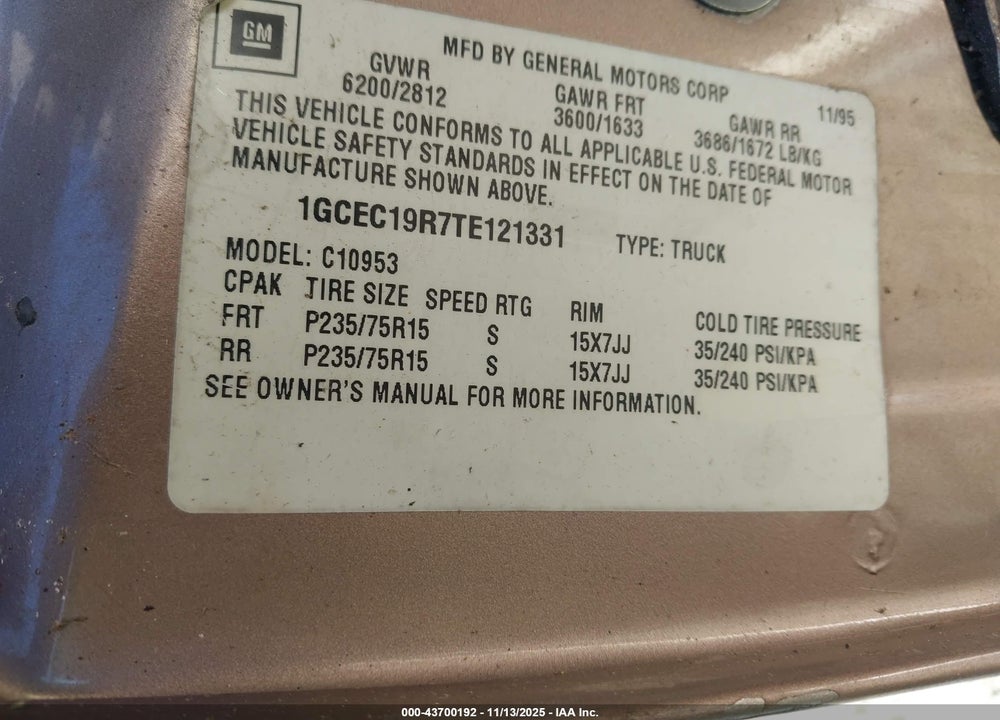 1996 CHEVROLET GMT-400 C1500 VIN: 1GCEC19R7TE121331