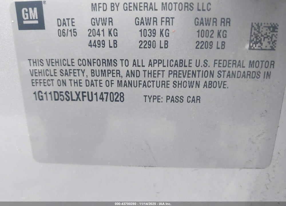 2015 CHEVROLET MALIBU 2LT VIN: 1G11D5SLXFU147028