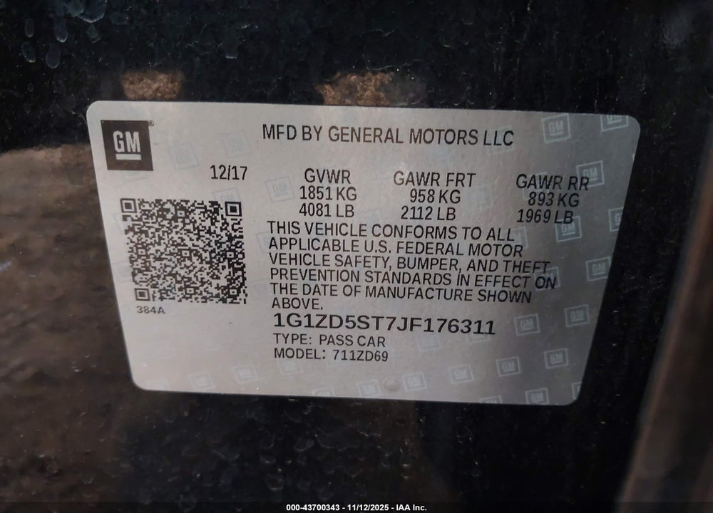 2018 CHEVROLET MALIBU LT VIN: 1G1ZD5ST7JF176311