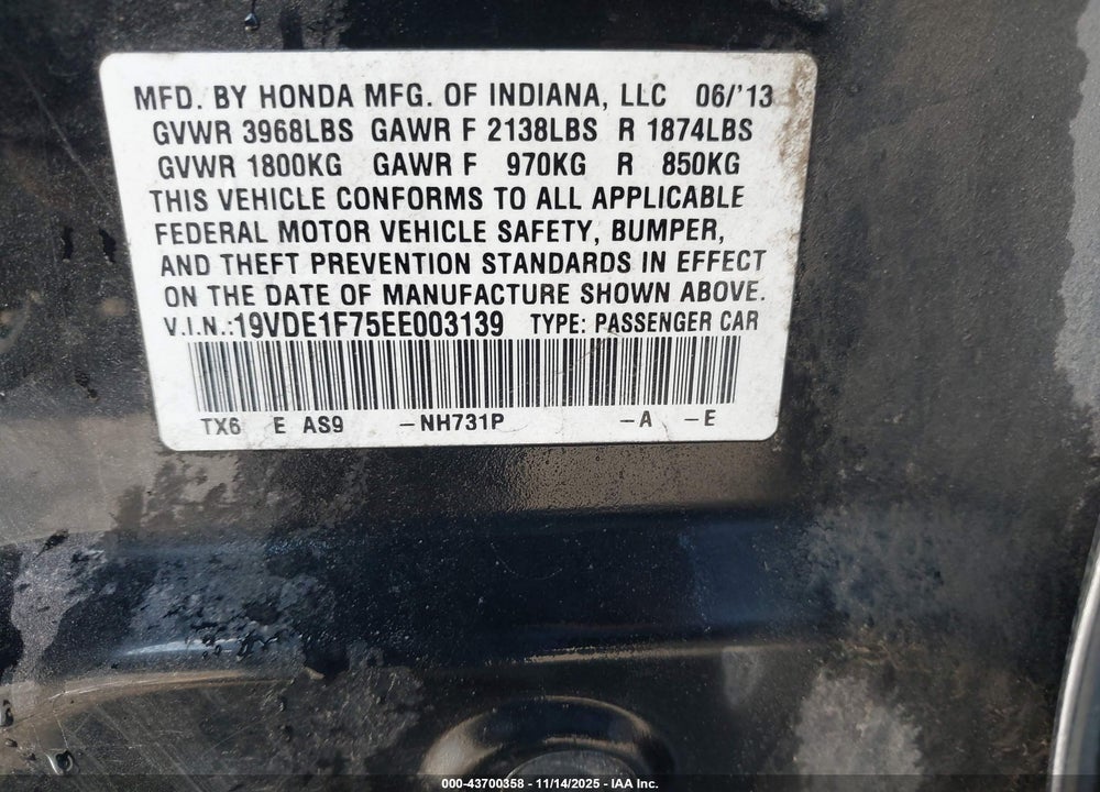 2014 ACURA ILX 2.0L VIN: 19VDE1F75EE003139