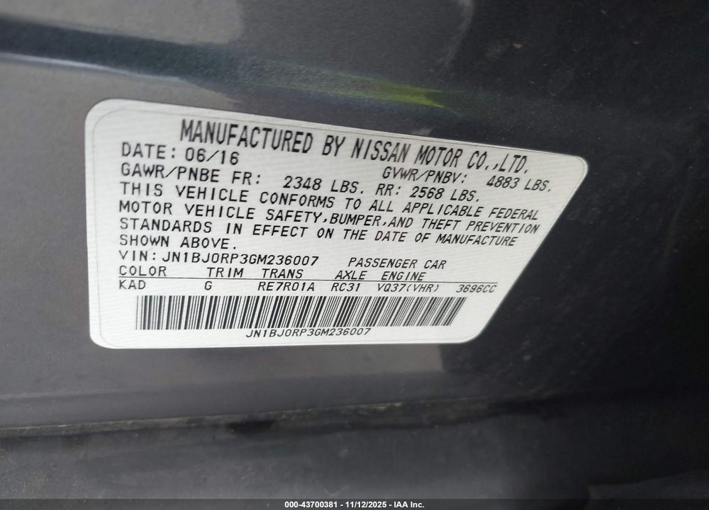 2016 INFINITI QX50 VIN: JN1BJ0RP3GM236007