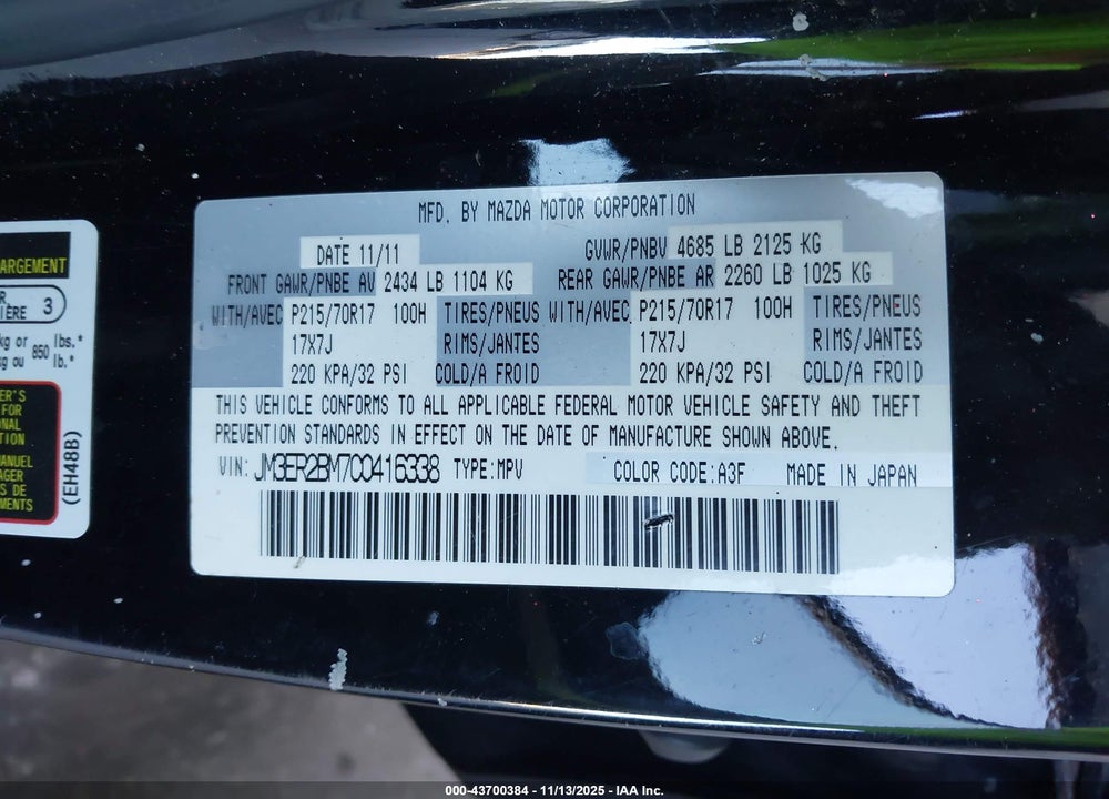 2012 MAZDA CX-7 I SPORT VIN: JM3ER2BM7C0416338