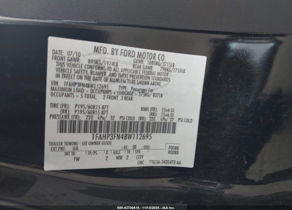2011 FORD FOCUS VIN: 1FAHP3FN4BW112695