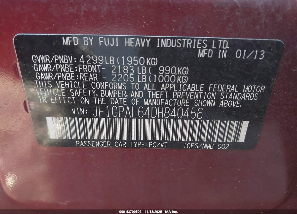 2013 SUBARU IMPREZA 2.0I SPORT PREMIUM VIN: JF1GPAL64DH840456