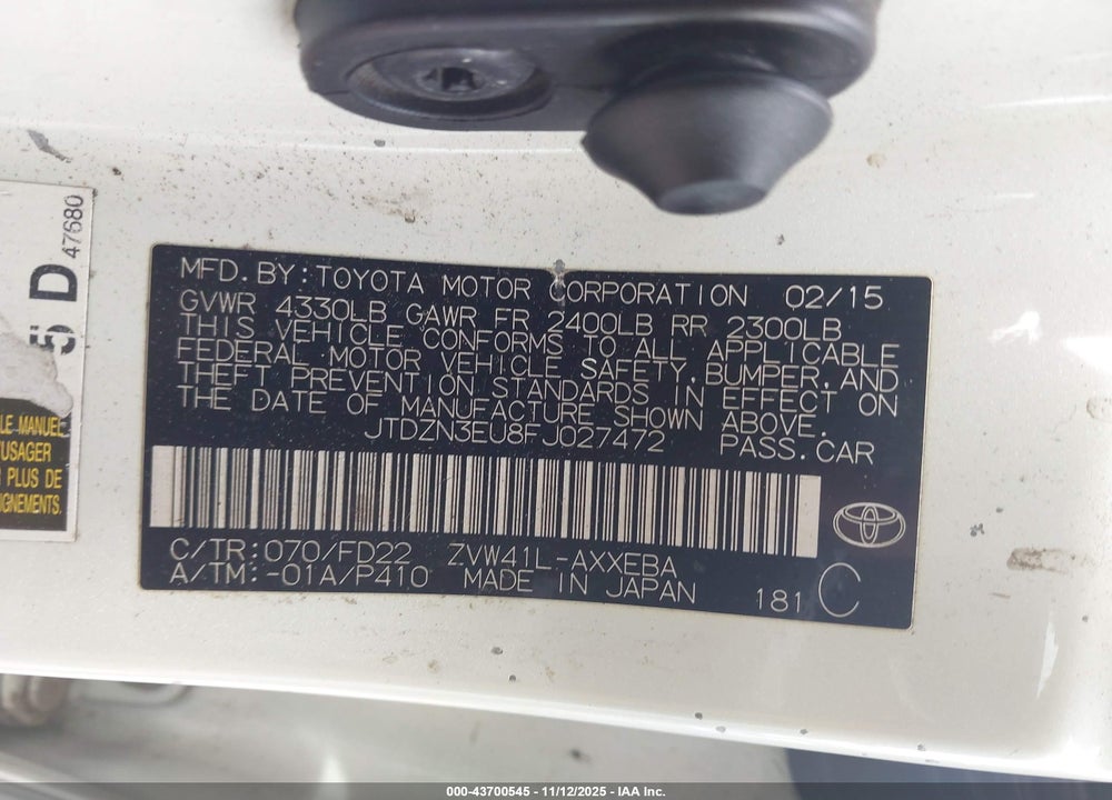 2015 TOYOTA PRIUS V THREE VIN: JTDZN3EU8FJ027472