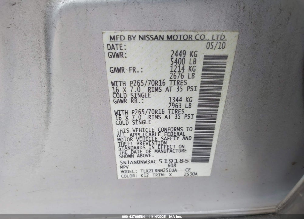 2010 NISSAN XTERRA S VIN: 5N1AN0NW3AC519185