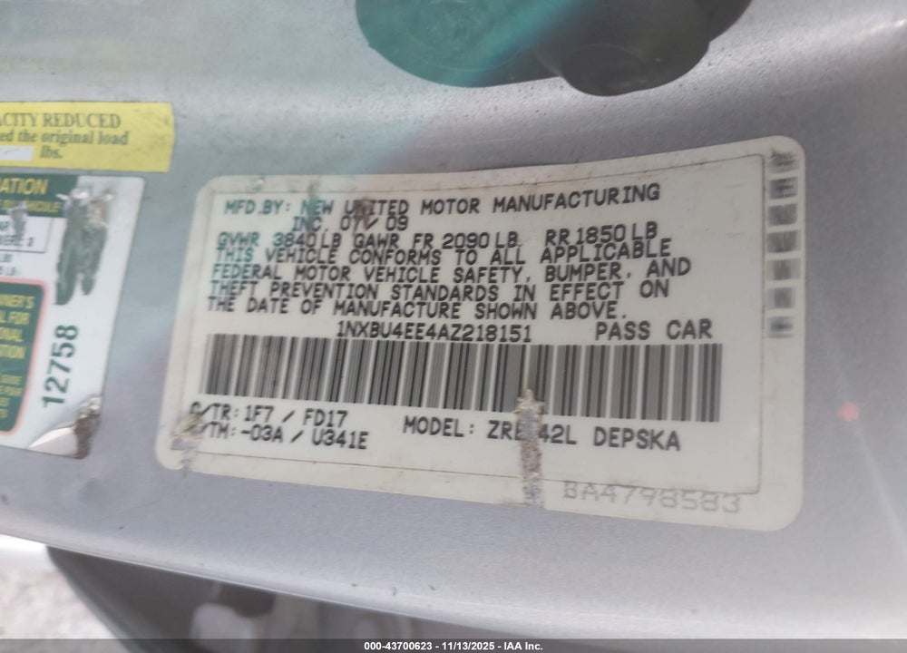 2010 TOYOTA COROLLA VIN: 1NXBU4EE4AZ218151