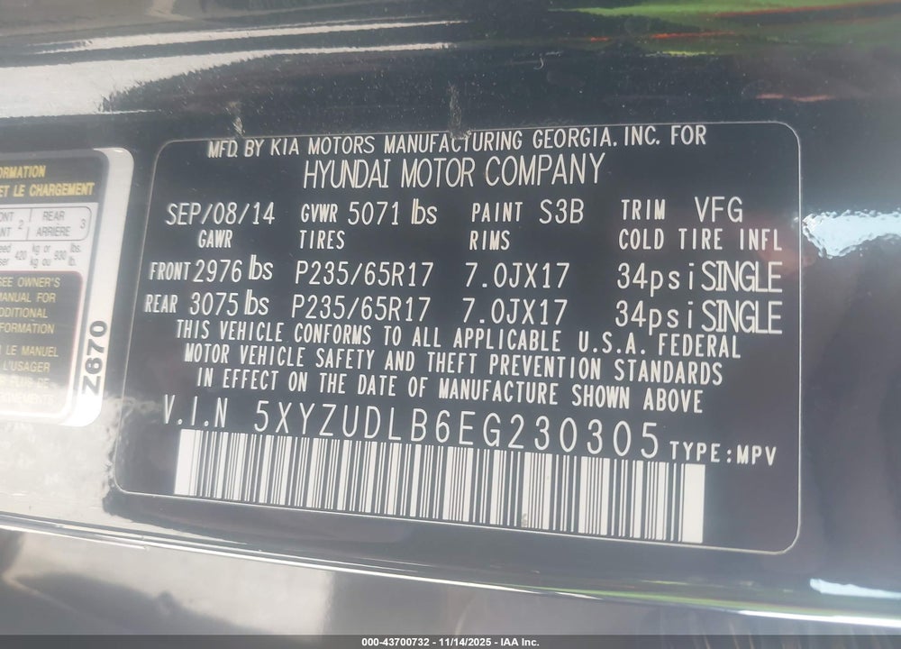 2014 HYUNDAI SANTA FE VIN: 5XYZUDLB6EG230305