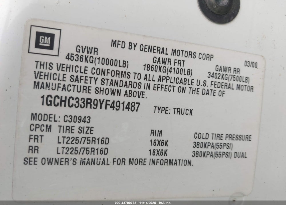 2000 CHEVROLET C3500 VIN: 1GCHC33R9YF491487