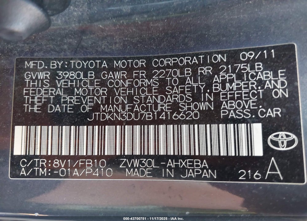 2011 TOYOTA PRIUS VIN: JTDKN3DU7B1416620