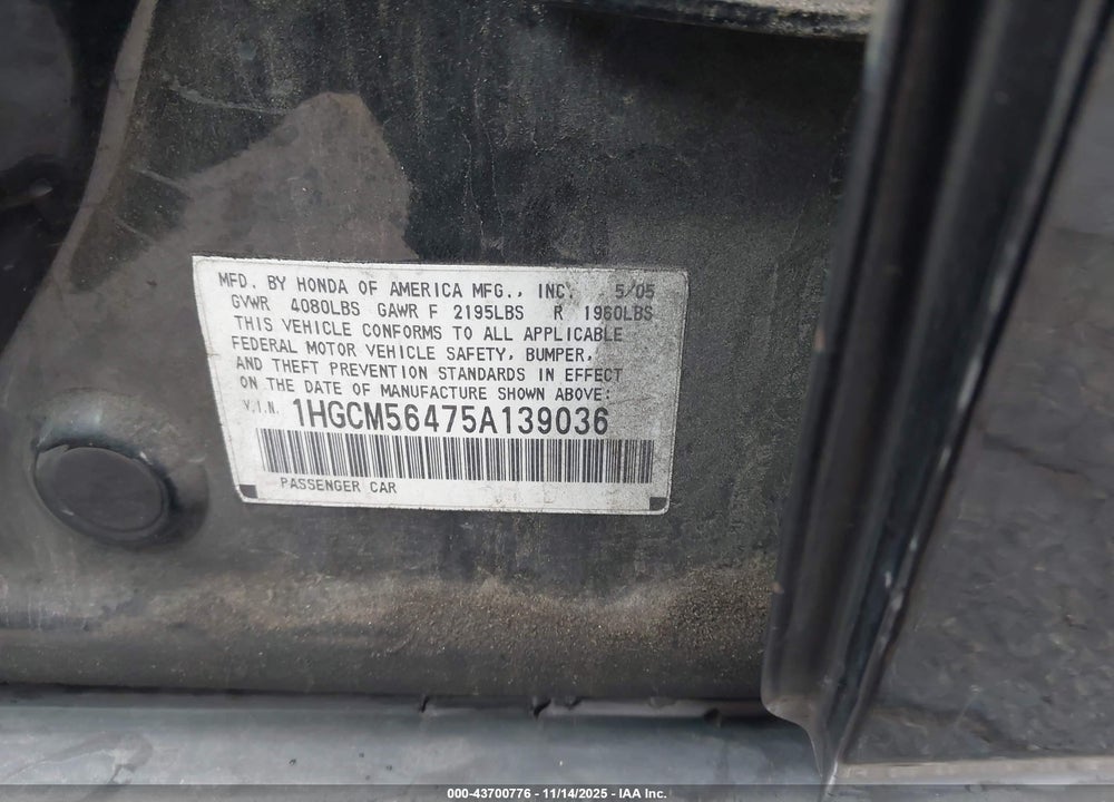 2005 HONDA ACCORD 2.4 LX VIN: 1HGCM56475A139036