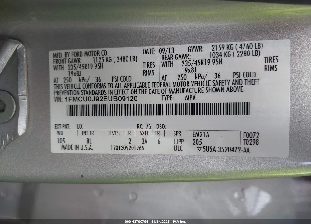 2014 FORD ESCAPE VIN: 1FMCU0J92EUB09120