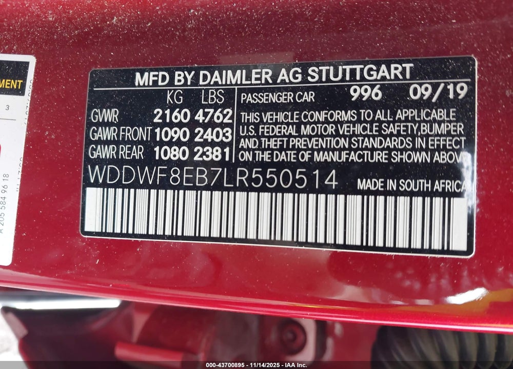 2020 MERCEDES-BENZ C 300 4MATIC VIN: WDDWF8EB7LR550514