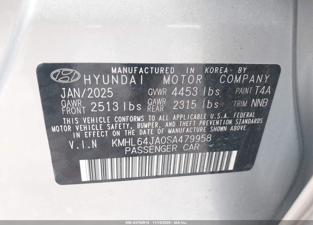 2025 HYUNDAI SONATA VIN: KMHL64JA0SA479958