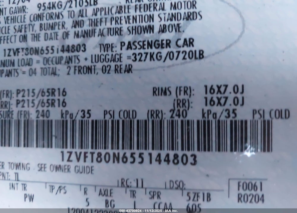 2005 FORD MUSTANG V6 DELUXE/V6 PREMIUM VIN: 1ZVFT80N655144803