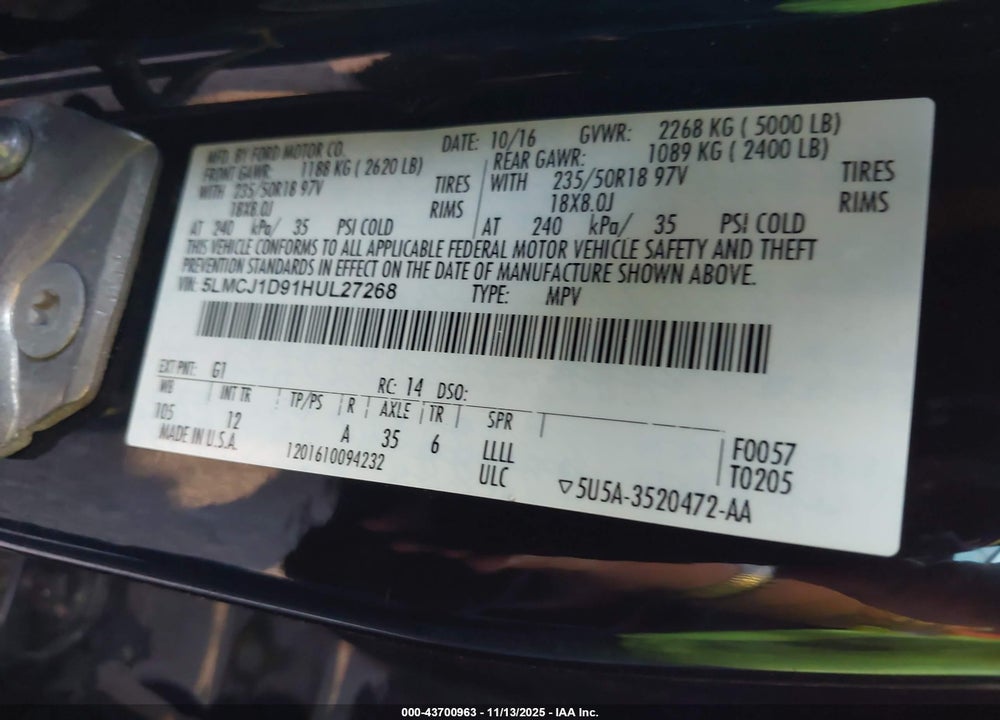 2017 LINCOLN MKC PREMIERE VIN: 5LMCJ1D91HUL27268