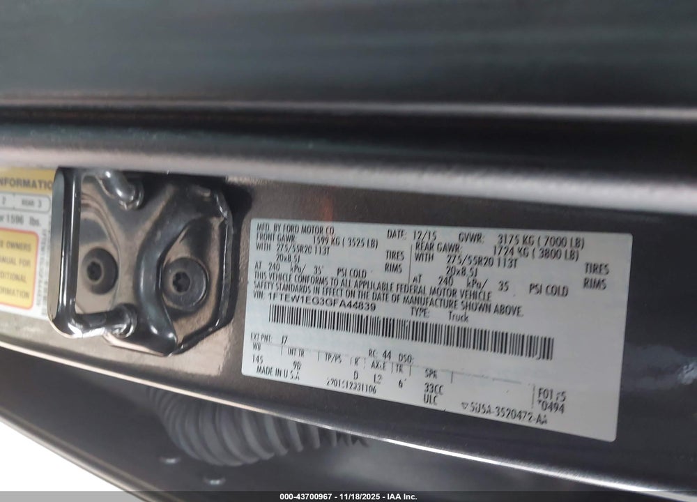 2016 FORD F-150 VIN: 1FTEW1EG3GFA44839