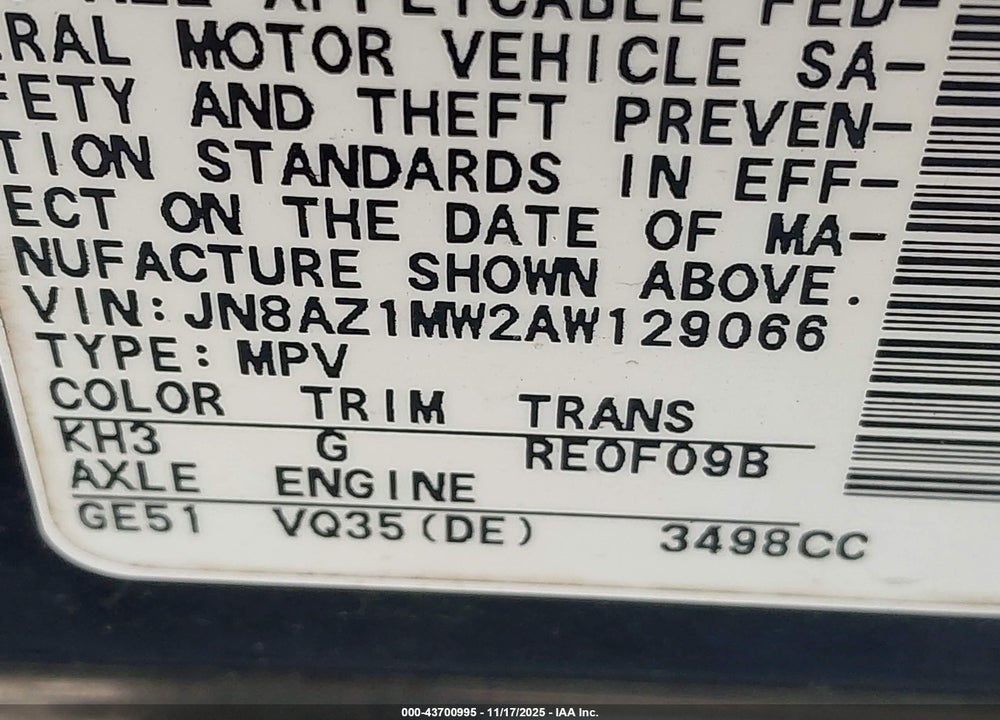 2010 NISSAN MURANO S VIN: JN8AZ1MW2AW129066