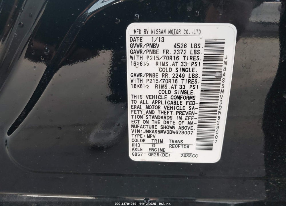 2013 NISSAN ROGUE SPORT VIN: JN8AS5MV0DW629007