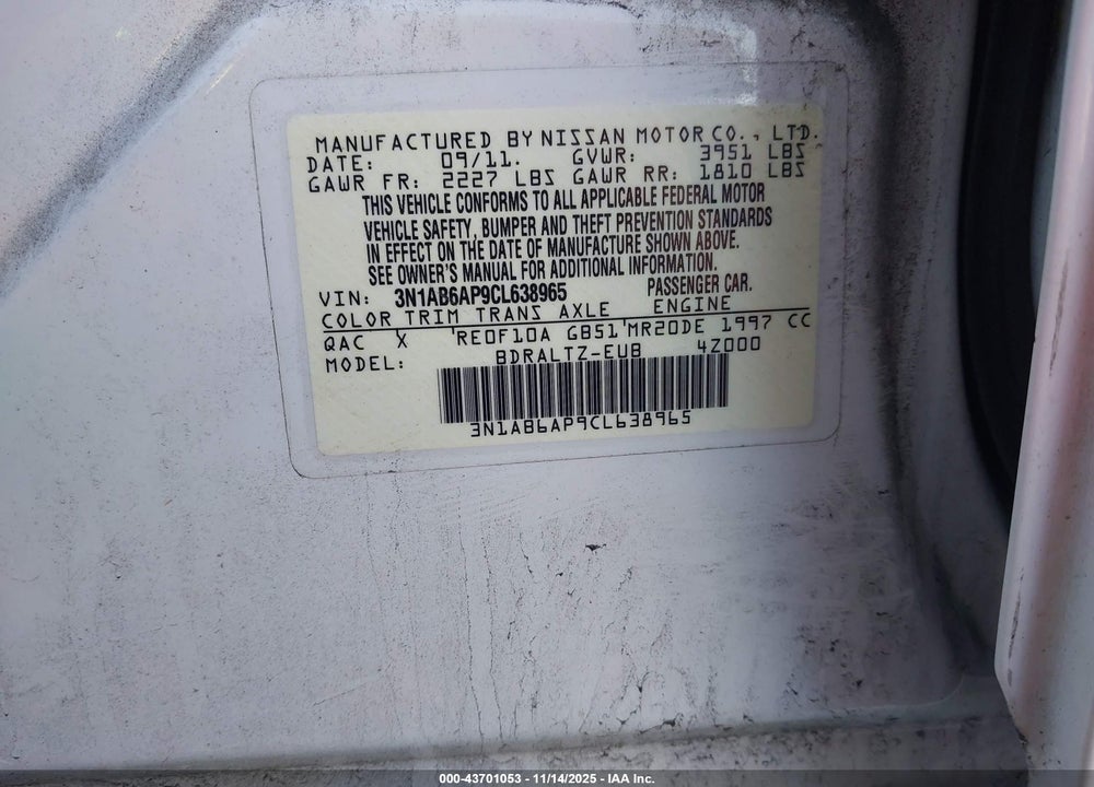 2012 NISSAN SENTRA 2.0 SR VIN: 3N1AB6AP9CL638965