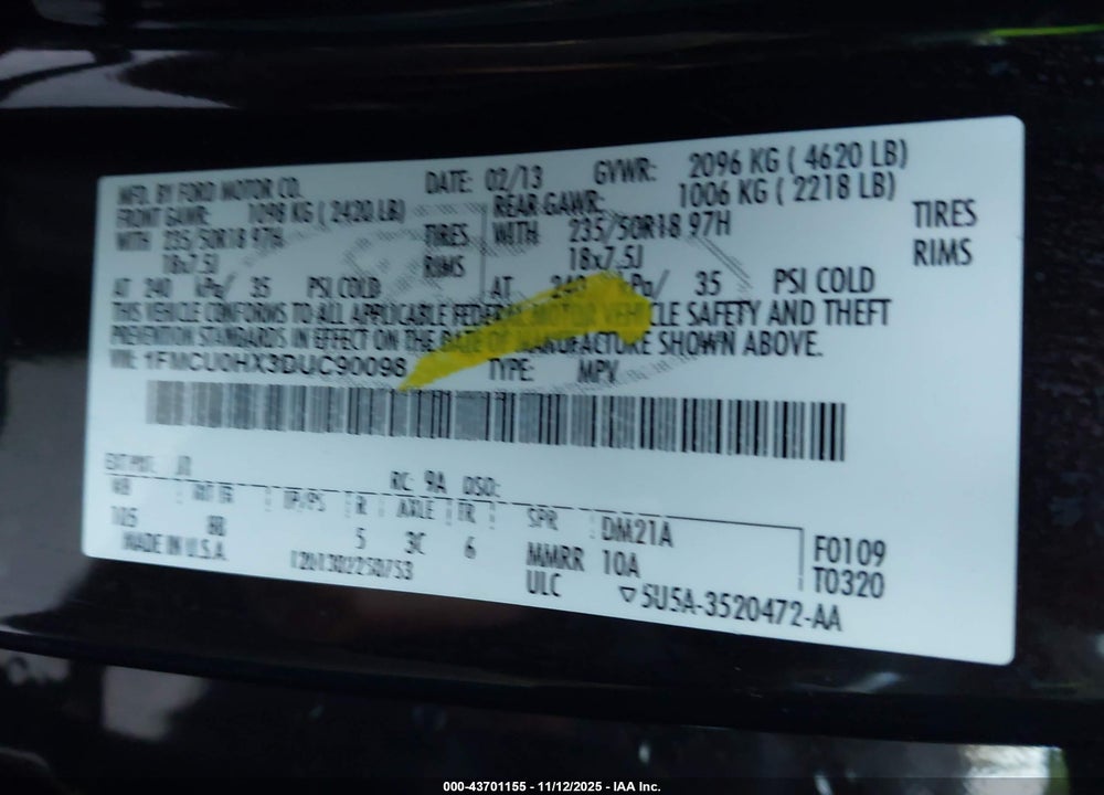 2013 FORD ESCAPE SEL VIN: 1FMCU0HX3DUC90098