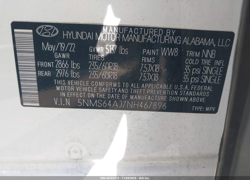 2022 HYUNDAI SANTA FE XRT VIN: 5NMS64AJ7NH467896