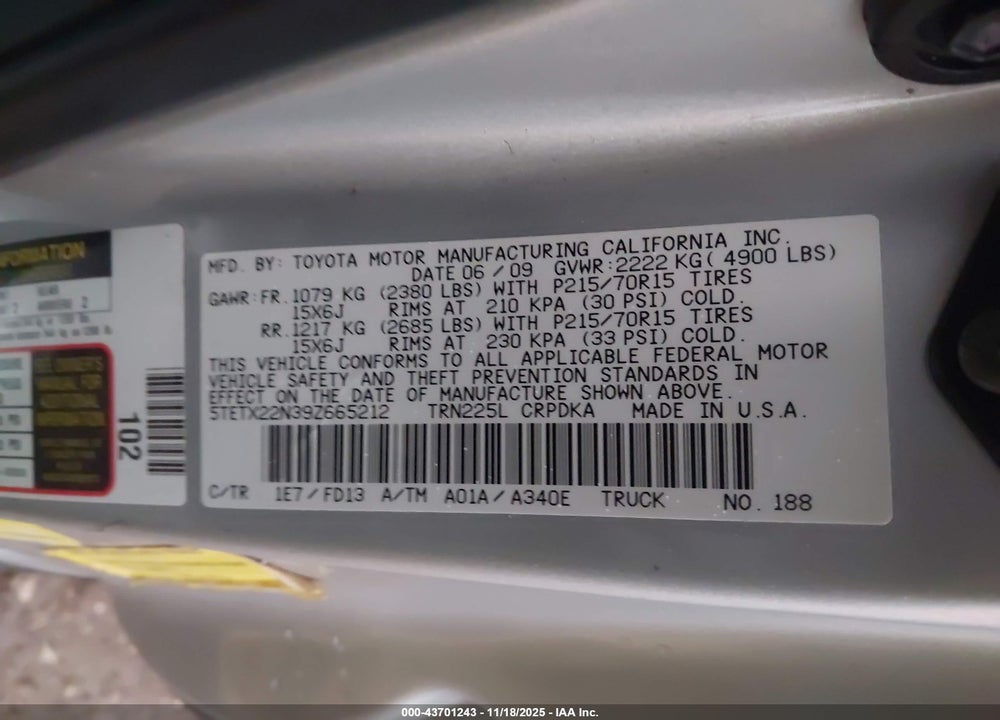 2009 TOYOTA TACOMA VIN: 5TETX22N39Z665212